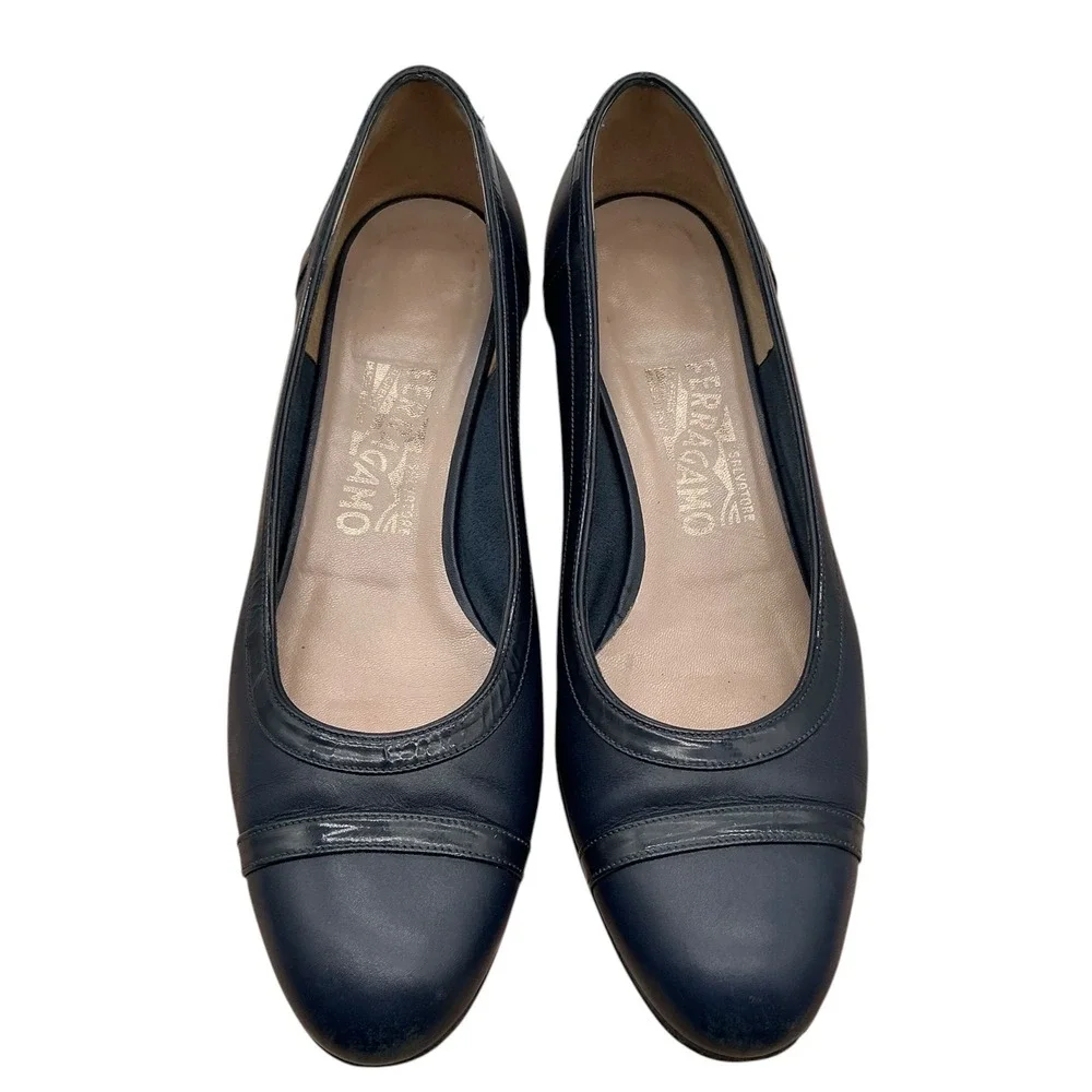 Salvatore Ferragamo‎ Navy Blue Leather Block Heel Pumps 338R Women Size 7 B